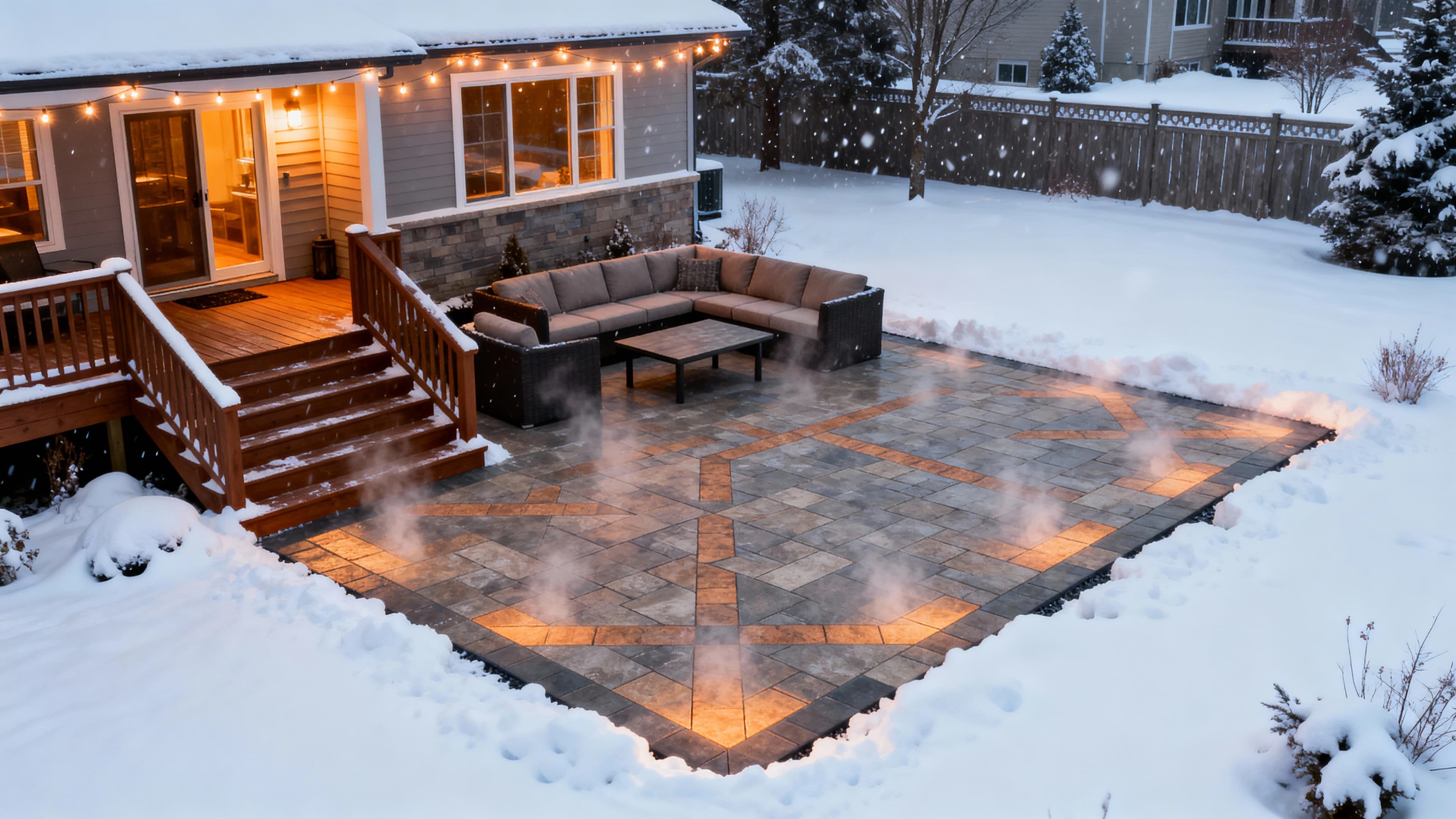 Heated backyard patio surface with radiant heating beneath the slab to reduce ice buildup