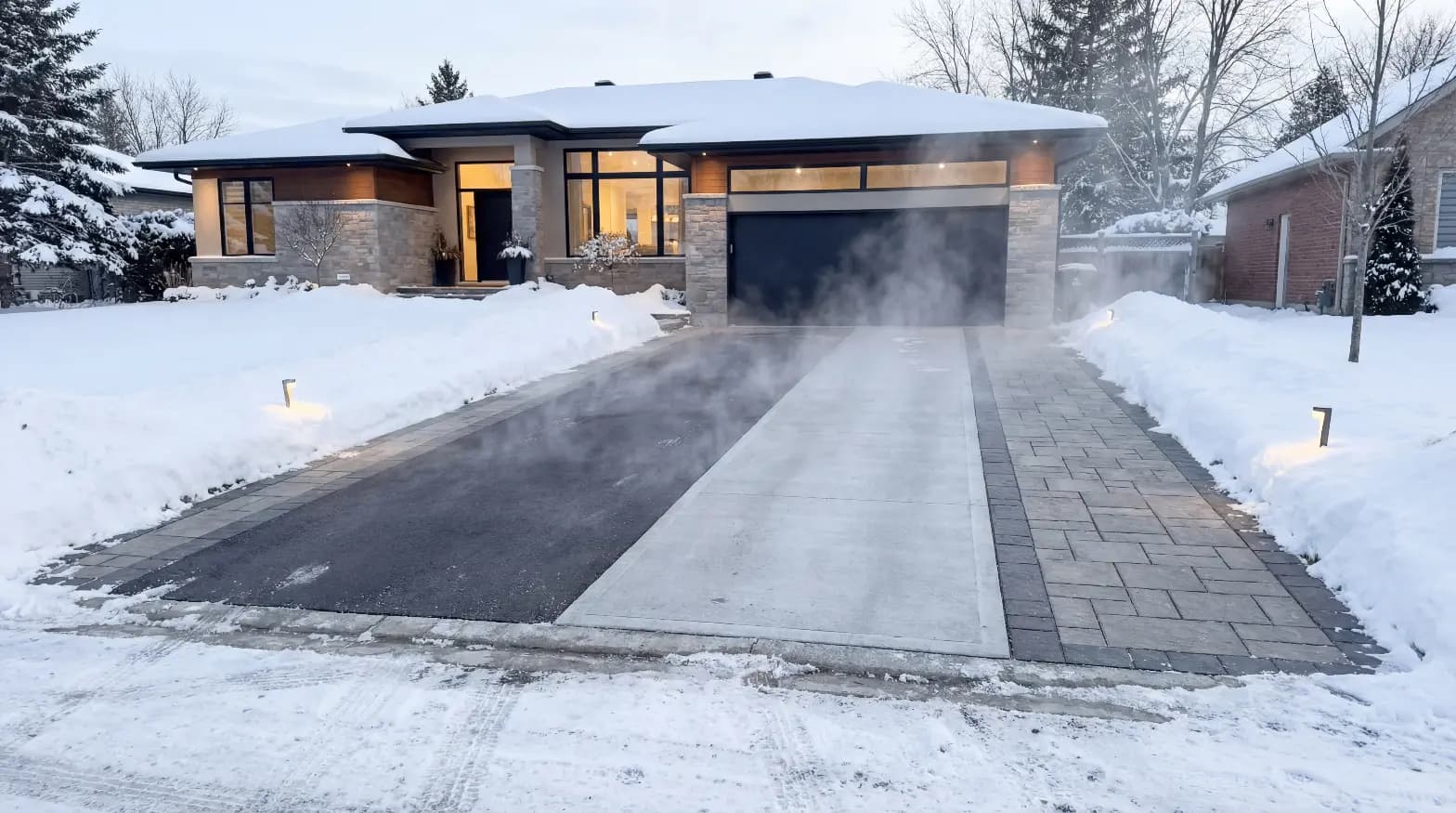 Heating cables laid in a driveway base before concrete is poured — heated driveway installation Ontario